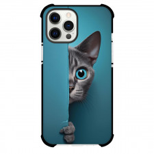 Cat Phone Case For iPhone and Samsung Galaxy Devices - Cat Peeking Behind The Door Blue Background