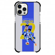 Kaoru Mitoma Phone Case For iPhone and Samsung Galaxy Devices - Kaoru Mitoma Brighton & Hove Albion F.C. 22 Dribbling On Blue Gray Stripe