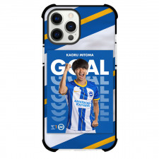 Kaoru Mitoma Phone Case For iPhone and Samsung Galaxy Devices - Kaoru Mitoma Brighton & Hove Albion F.C. Shouting On Word Art Blue Background