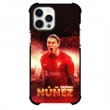 Darwin Nunez Phone Case For iPhone and Samsung Galaxy Devices - Darwin Nunez Liverpool F.C. Shouting On Fire Flame Background