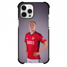 Rasmus Hojlund Phone Case For iPhone and Samsung Galaxy Devices - Rasmus Hojlund Manchester United F.C. Standing On Gray Background