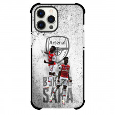 Bukayo Saka Phone Case For iPhone and Samsung Galaxy Devices - Bukayo Saka Arsenal F.C. Signature Celebration On Gray Background