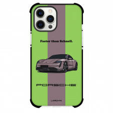 Porsche Phone Case For iPhone and Samsung Galaxy Devices - Porsche Taycan Faster Than Schnell Green Gray Stripe Background