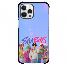 Kpop Demon Hunters Saja Boys Phone Case For iPhone Samsung Galaxy Pixel OnePlus Vivo Xiaomi Asus Sony Motorola Nokia - Kpop Demon Hunters Saja Boys Standing With Text Pink Purple Background
