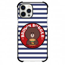 LINE Friends Brown Phone Case For iPhone And Samsung Galaxy Devices - Brown Burger Logo On Blue and White Stripes Straight Border Background
