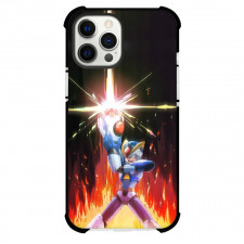 Mega Man Phone Case For iPhone And Samsung Galaxy Devices - Mega Man X Firing Weapon Up Fire Background