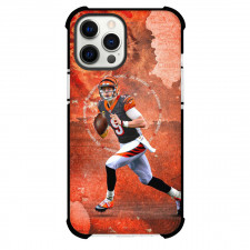 NFL Joe Burrow Phone Case For iPhone And Samsung Galaxy Devices - Joe Burrow 9 Cincinnati Bengals Rushing On Red Background