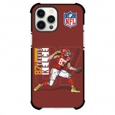NFL Travis Kelce Phone Case For iPhone And Samsung Galaxy Devices - Travis Kelce 87 Kansas City Chiefs Rushing Play Illustration On Red Background