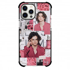 Pop Star Timothee Chalamet Phone Case For iPhone and Samsung Galaxy Devices - Timothee Chalamet Collage Pink Flowers Background