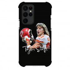Taylor Swift And Travis Kelce Team Swelce Phone Case For iPhone and Samsung Galaxy Devices - Taylor Swift With Travis Kelce Hemlet And Jersay On Black Blackground