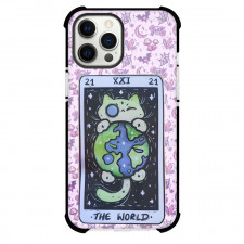Dark Cat Tarot The World Phone Case For iPhone and Samsung Galaxy Devices - The World Tarot On Occult Pattern Background
