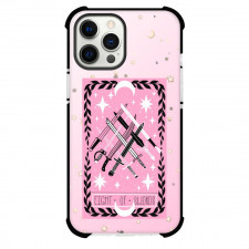 The Lovely Omens Tarot Eight Of Swords Phone Case For iPhone and Samsung Galaxy Devices - Eight Of Swords Tarot On Starry Pink Background
