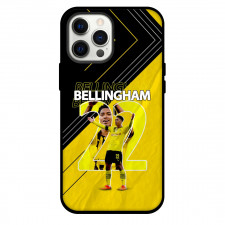 Jude Bellingham Phone Case For iPhone and Samsung Galaxy Devices - Jude Bellingham 22 Celebration On Yellow Black Stripe Background