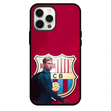 Frenkie De Jong Phone Case For iPhone and Samsung Galaxy Devices - Frenkie De Jong Side Portrait FCB Logo Red Background