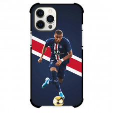 Kylian Mbappe Phone Case For iPhone and Samsung Galaxy Devices - Kylian Mbappe Dribbling On Stripe Background