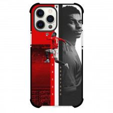 Marcus Rashford Phone Case For iPhone and Samsung Galaxy Devices - Marcus Rashford Jumping On Red White Stripe Background