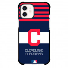 MLB Cleveland Guardians Phone Case For iPhone and Samsung Galaxy Devices - Team Logo On Red Stripe Blue Background