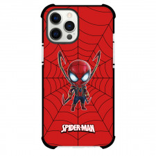 Spider Man Phone Case For iPhone And Samsung Galaxy Devices - Baby Spider Man Iron Spider Armor Chibi Style Sticker On Web Background