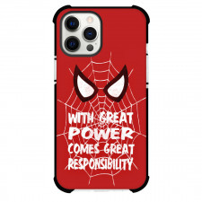 Spider Man Phone Case For iPhone And Samsung Galaxy Devices - Spider Man Great Power Comes Great Responsibility On Red Background
