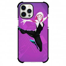 Spider Man Across The Spider Verse Spider Gwen Phone Case For iPhone And Samsung Galaxy Devices - Spider Gwen Swinging In The City Purple Background
