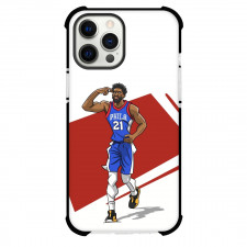 NBA Joel Embiid Phone Case For iPhone and Samsung Galaxy Devices - Joel Embiid Phila 21 Celebration Cartoon Art Red Background