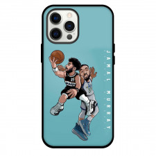 NBA Jamal Murray Phone Case For iPhone and Samsung Galaxy Devices - Jamal Murray Fadeaway Shot Cartoon Cyan Background