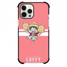 One Piece Luffy Phone Case For iPhone and Samsung Galaxy Devices - Luffy Chibi Eating Pink Stripe Background