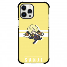 One Piece Sanji Phone Case For iPhone and Samsung Galaxy Devices - Sanji Holding Dishes Yellow Stripe Background