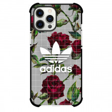Adidas Phone Case For iPhone Samsung Galaxy Pixel OnePlus Vivo Xiaomi Asus Sony Motorola Nokia - Adidas Logo On Red Rose Floral Pattern With A Grey Grid Background