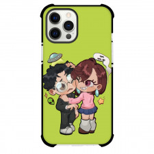 Dandadan Phone Case For iPhone Samsung Galaxy Pixel OnePlus Vivo Xiaomi Asus Sony Motorola Nokia - Ayase Momo and Okarun Chibi Art Green Background