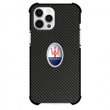 Maserati Phone Case For iPhone Samsung Galaxy Pixel OnePlus Vivo Xiaomi Asus Sony Motorola Nokia - Maserati Logo On Traditional Black CharcoalCarbon Fiber Background