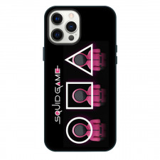 Squid Game 2 Phone Case For iPhone Samsung Galaxy Pixel OnePlus Vivo Xiaomi Asus Sony Motorola Nokia - Squid Game2 Three Pink Soldiers Behind Polygons And Circle Horizontal With Text Black Background