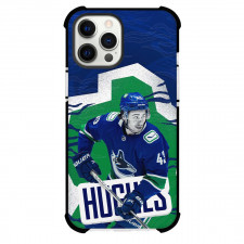 NHL Quinn Hughes Phone Case For iPhone Samsung Galaxy Pixel OnePlus Vivo Xiaomi Asus Sony Motorola Nokia - Quinn Hughes Vancouver Canucks In Action Pose Over Green And Blue Graphic Background