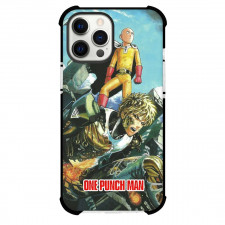 One Punch Man Saitama Genos Phone Case For iPhone and Samsung Galaxy Devices - Saitama Genos Portrait On Ruins Background