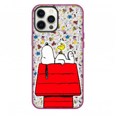 Snoopy Phone Case For iPhone and Samsung Galaxy Devices - Laying Down In Characters Pattern Background