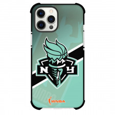 WNBA New York Liberty Phone Case For iPhone Samsung Galaxy Pixel OnePlus Vivo Xiaomi Asus Sony Motorola Nokia - Team Logo On Black Stripe Cyan Background