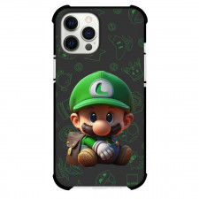 Super Mario Luigi Phone Case For iPhone And Samsung Galaxy Devices - Luigi Chibi Art Sitting On Pattern Black Background